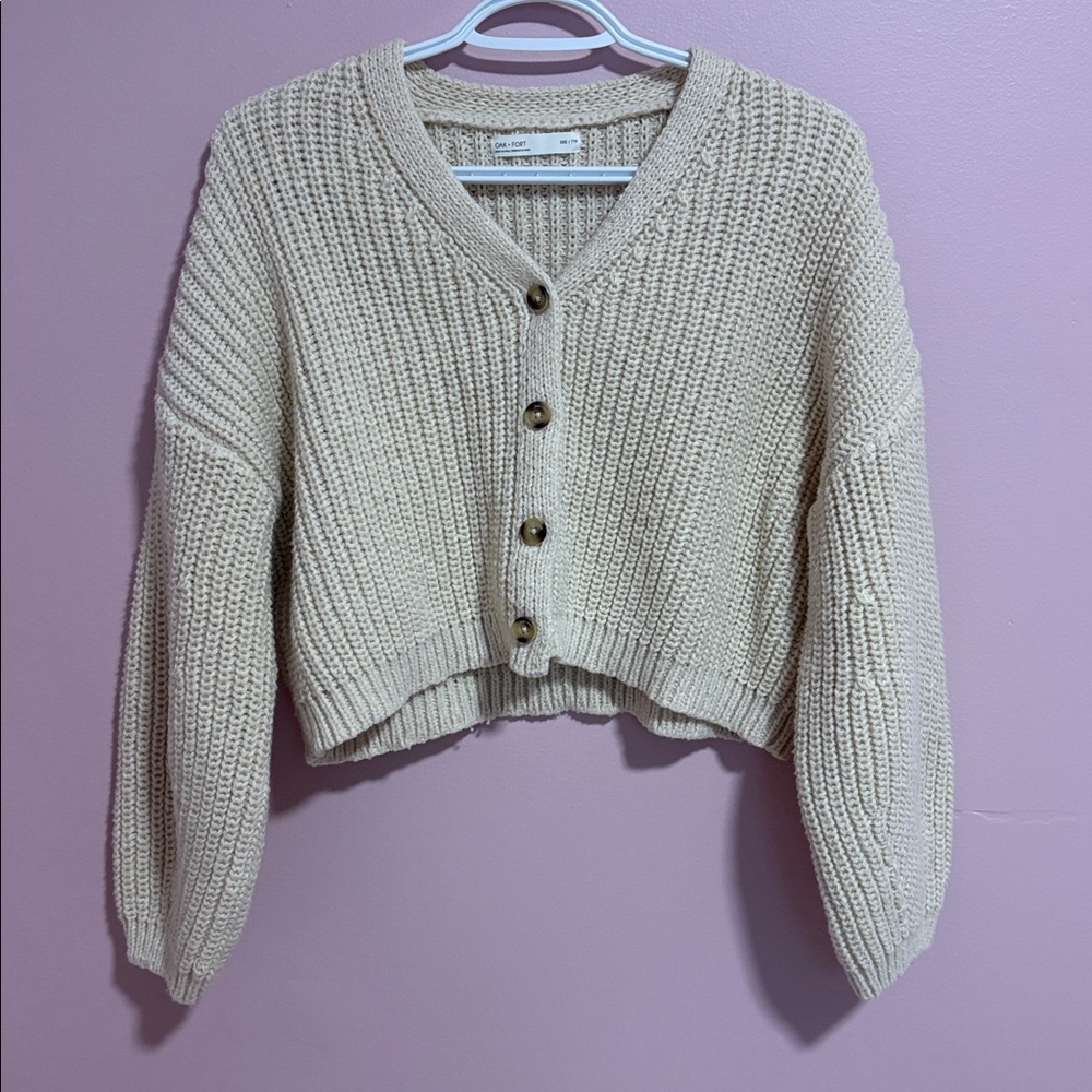 OAK + FORT Cropped Beige Knit Cardigan